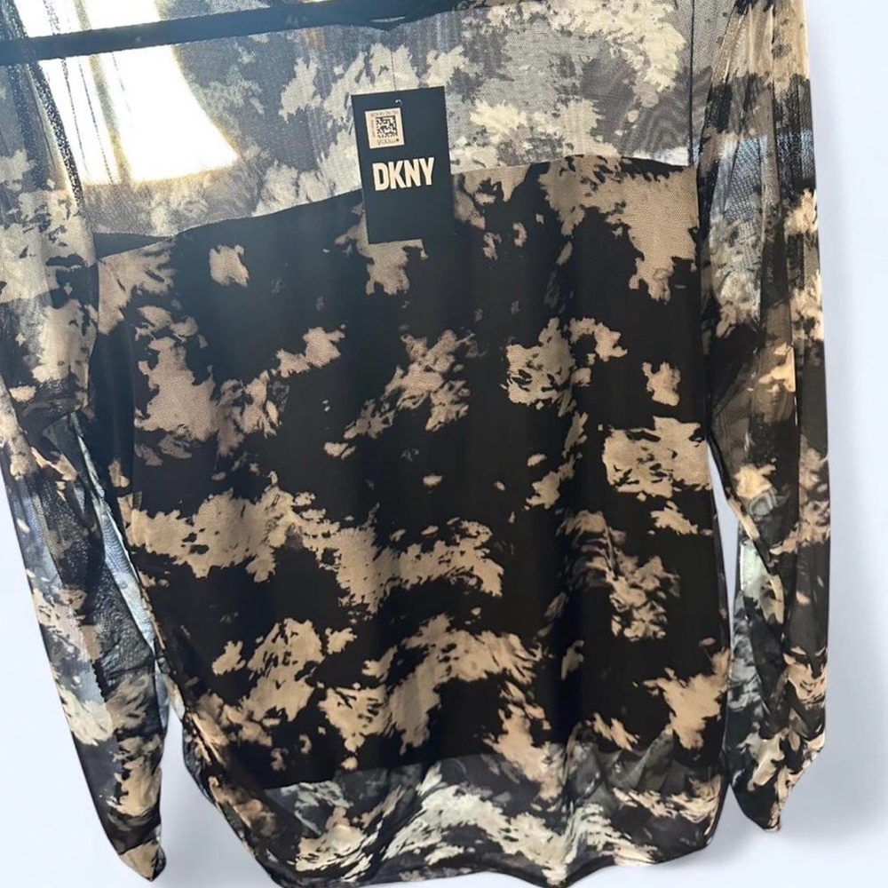 DKNY Women's Printed Mesh Ruched Long-Sleeve Top - Picture 2 of 4